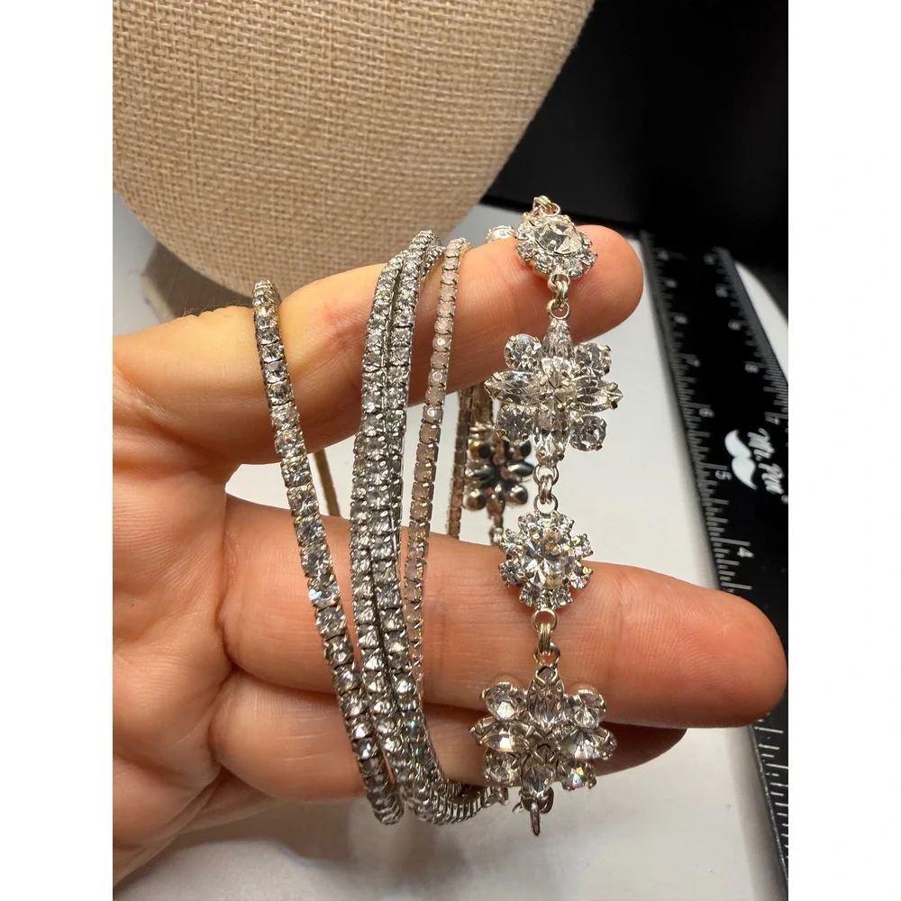 Silver Tone Rhinestone Bracelet Set 4pc Floral Link Stretch Tennis Bangle Clear